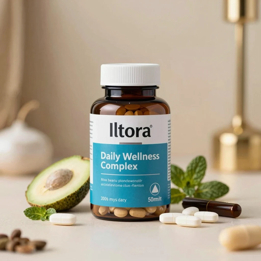 Iltora supplement bottle with daily wellness complex